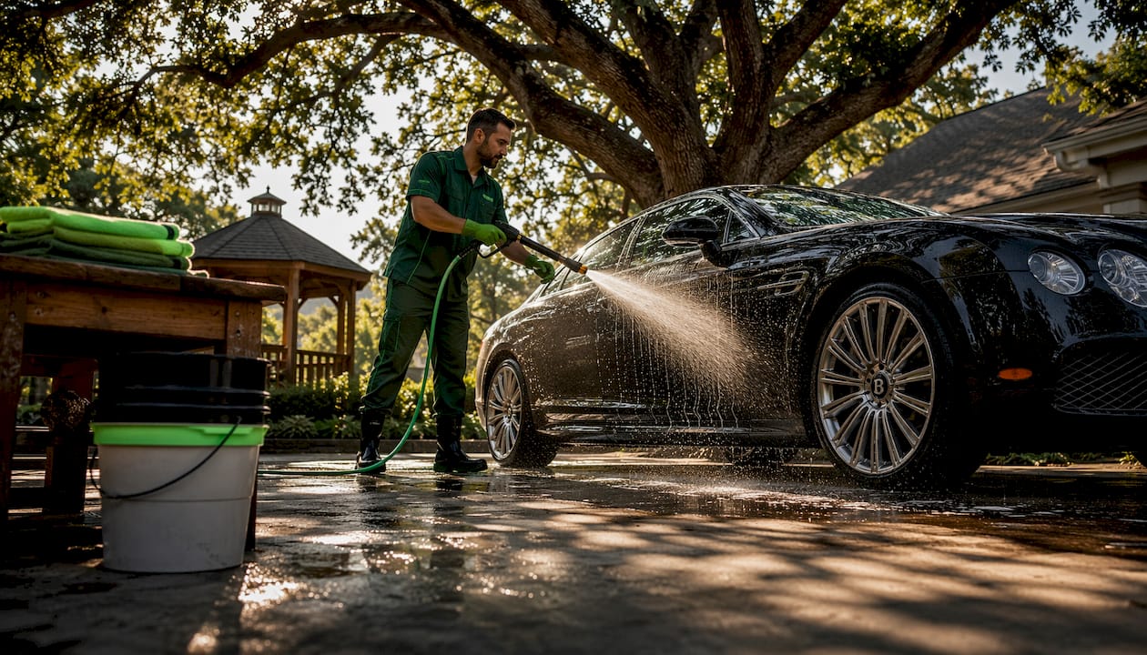 Professional spraying spot-free rinse on car