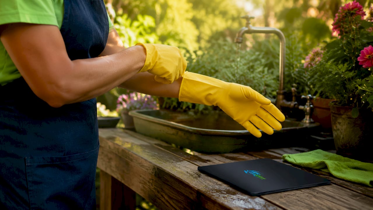 Hands putting on protective cleaning gloves