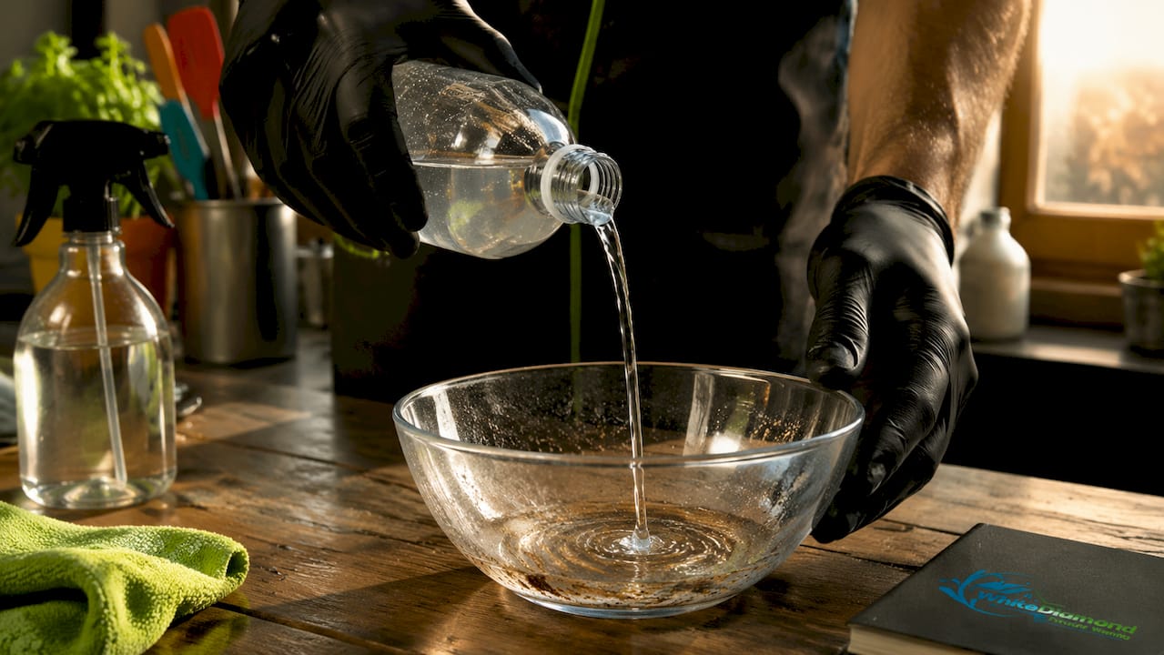 Hands pouring alkaline cleaner on grease
