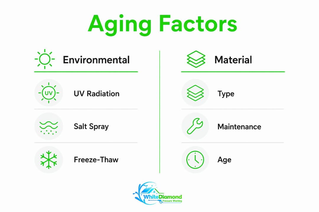 Infographic showing environmental and material aging factors