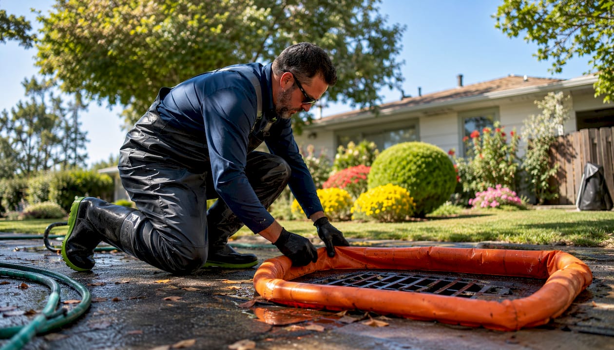 Technician setting containment berms outdoors