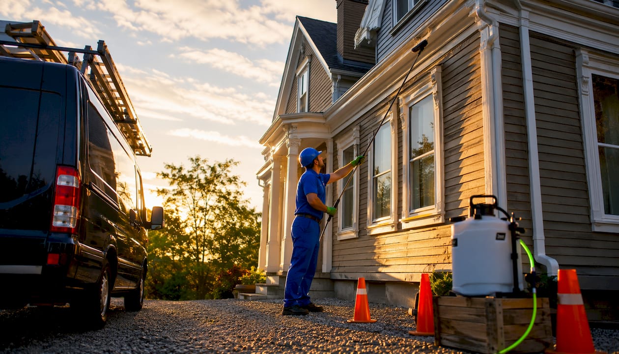Technician using equipment cleaning gutters professionally