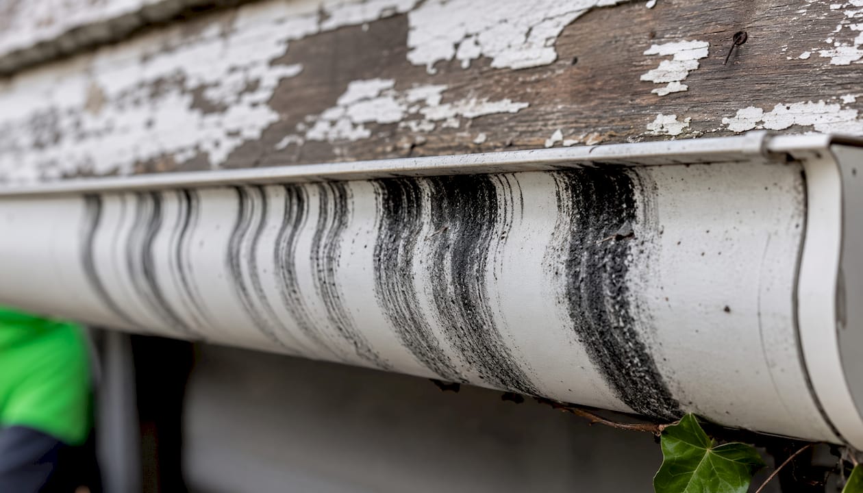 Close-up of black tiger stripe stains on white gutter