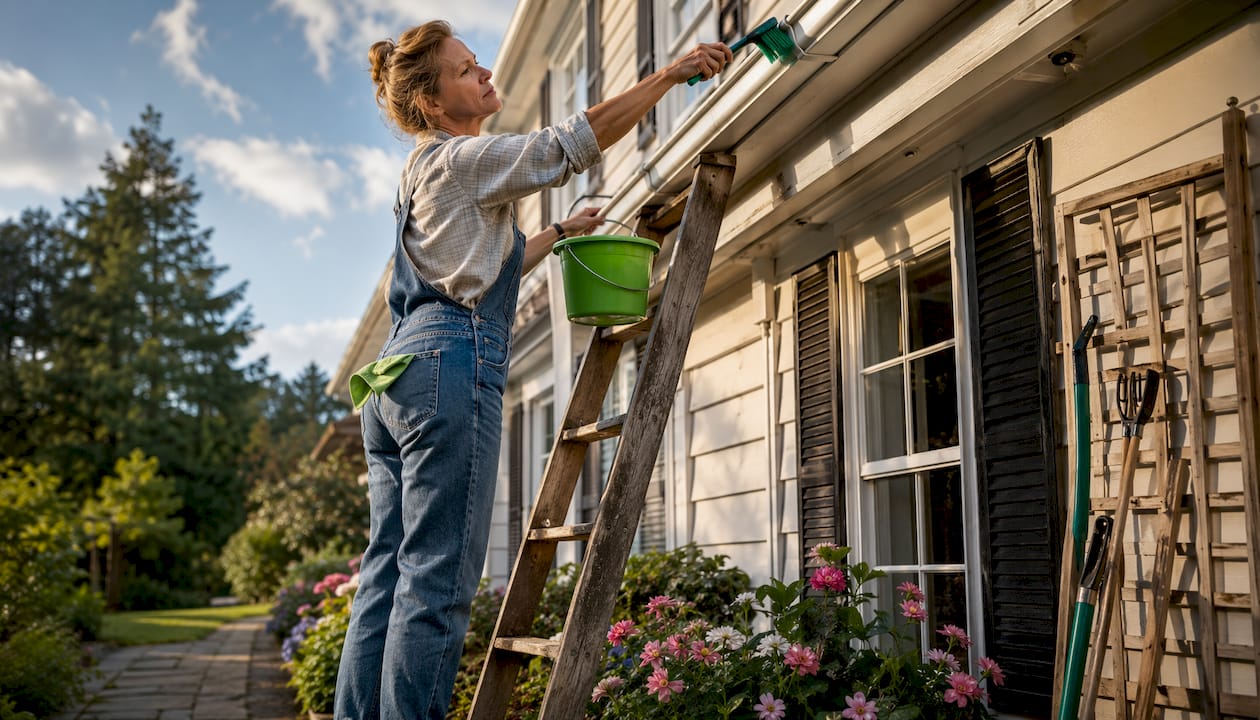 Woman cleaning white gutters outdoors on ladder