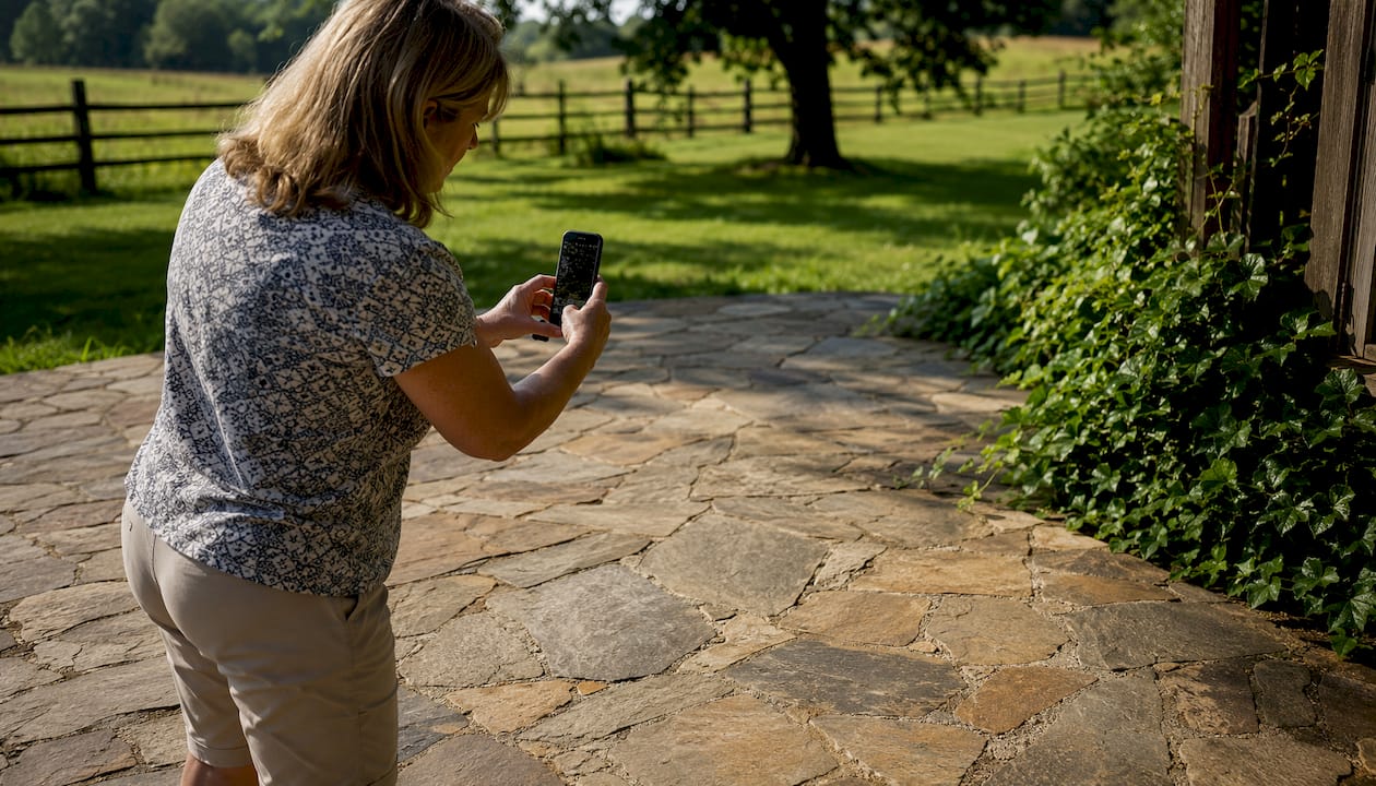 Homeowner photographing porch surface closely