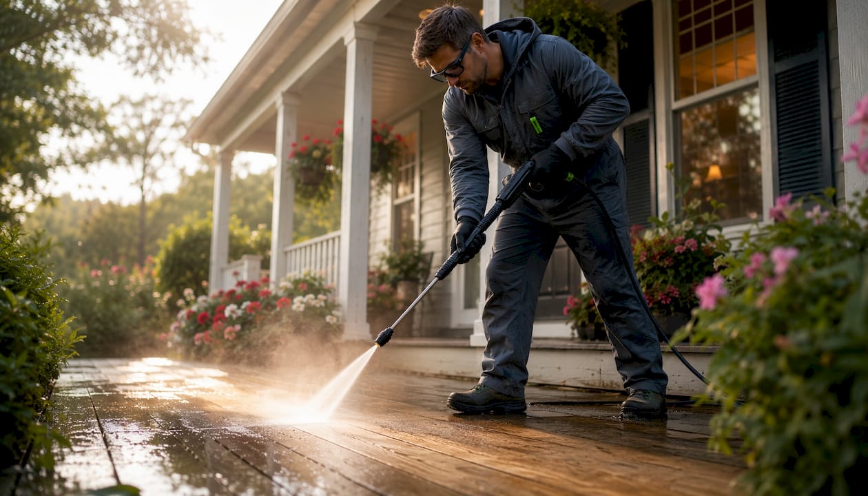 Professional porch cleaner using safety gear