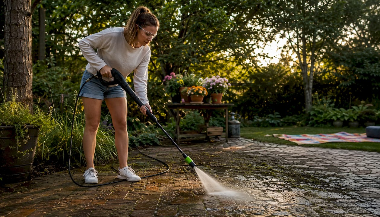 Woman pressure washing organic stains on driveway