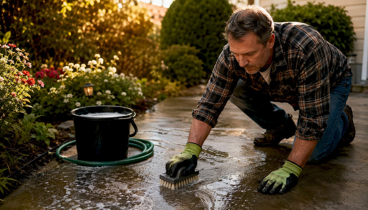 Man cleaning organic stains from outdoor concrete