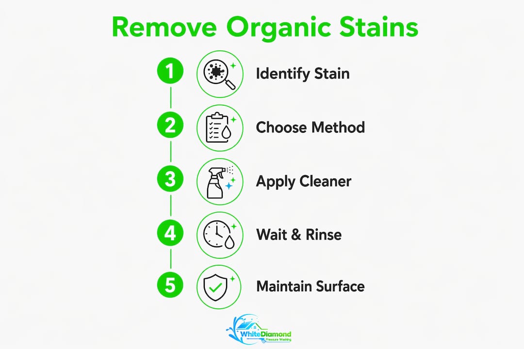 Infographic outlining steps to remove organic stains outdoors