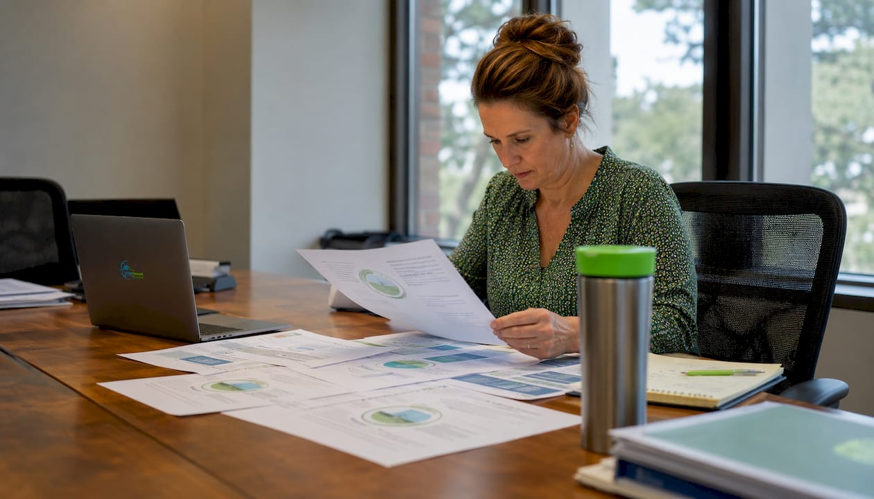 Property manager reviewing eco-safe detergent certifications
