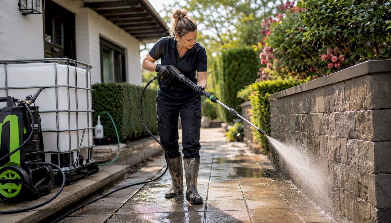 Technician rinsing house exterior after cleaning