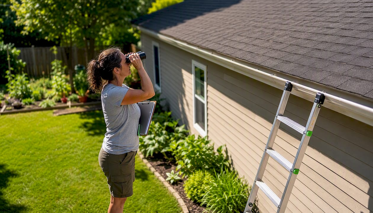 Homeowner inspecting roof shingles with binoculars