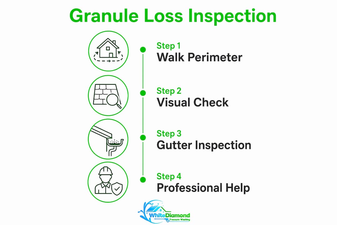 Infographic showing steps to inspect for shingle granule loss