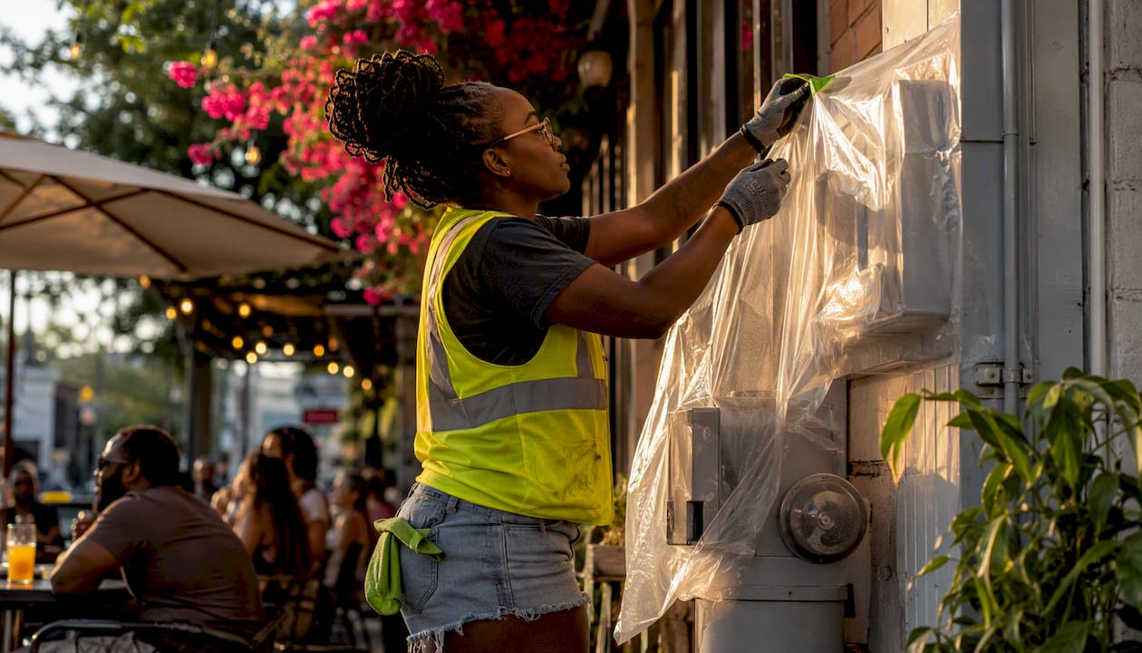 Technician covering storefront electrical fixtures