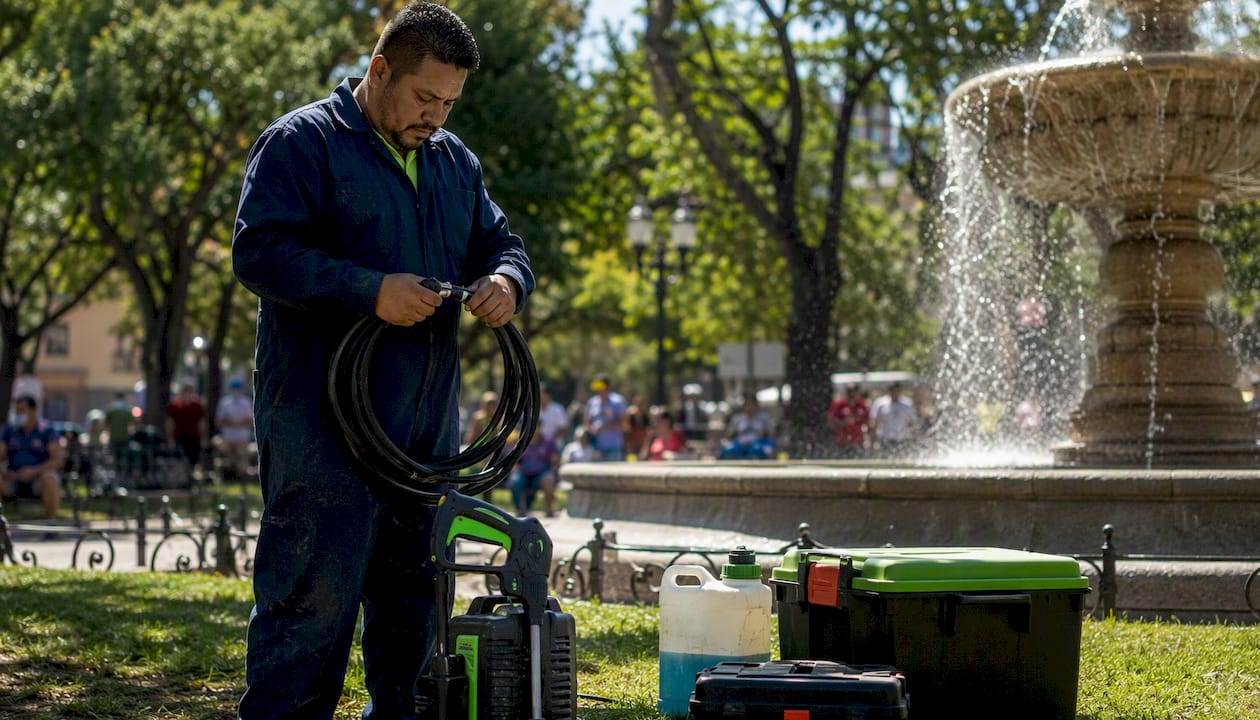 Man preparing storefront pressure washer outdoors