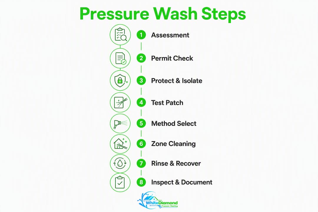 Infographic showing steps to pressure wash storefront safely