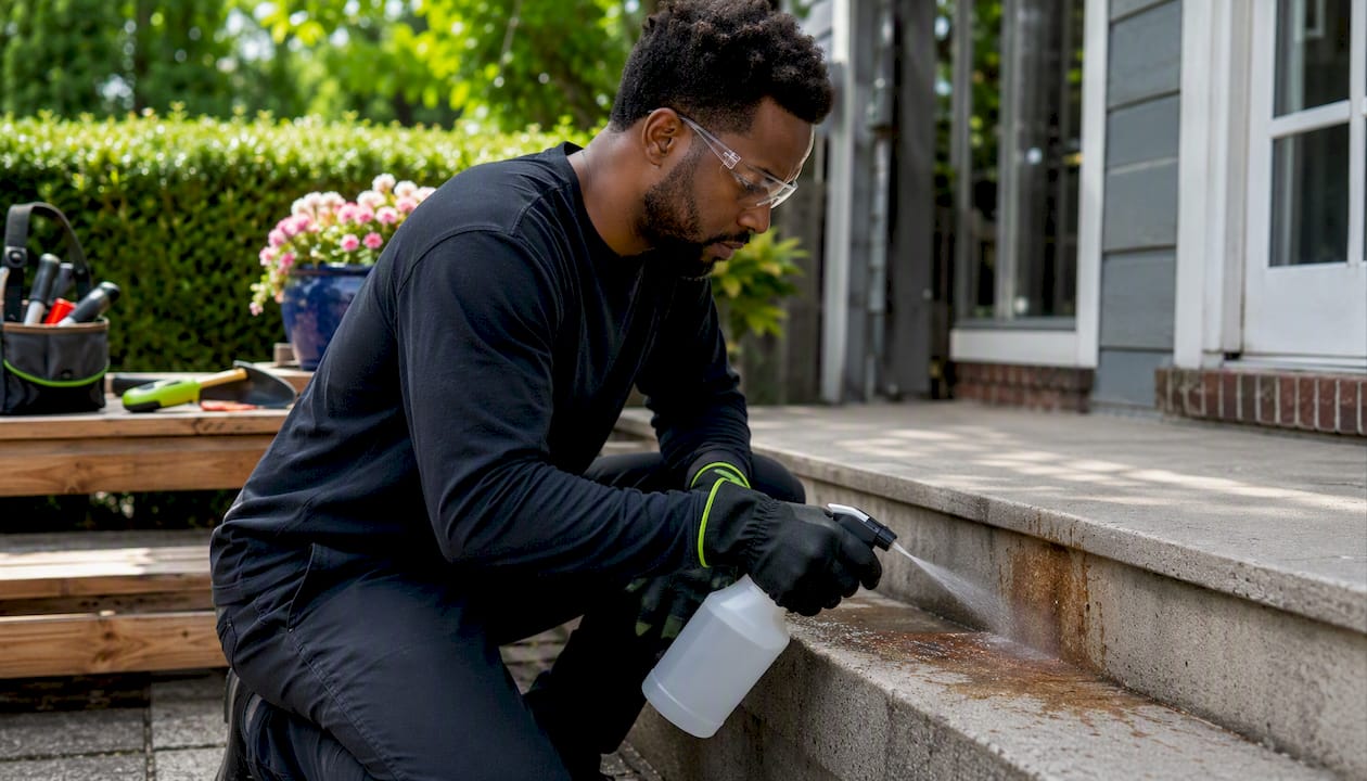 Professional applying rust remover on porch step