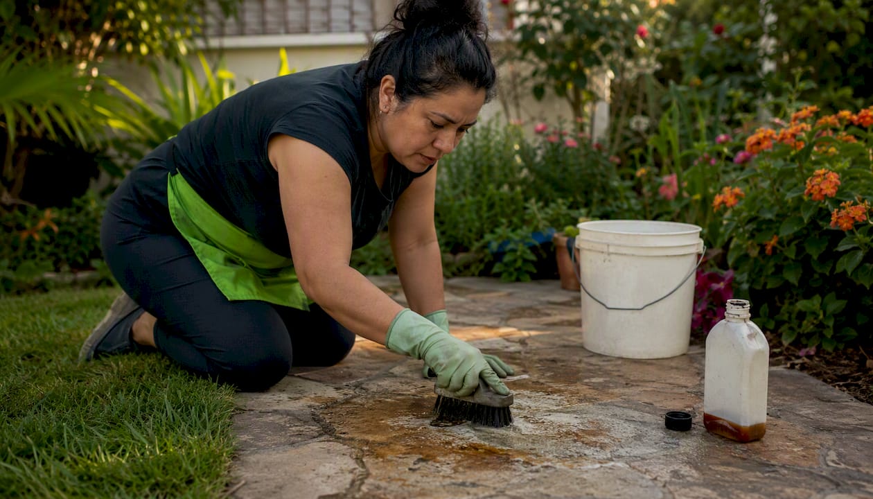 Homeowner scrubbing rust stain outdoors
