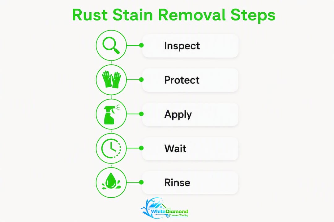 Step-by-step infographic on rust stain removal process