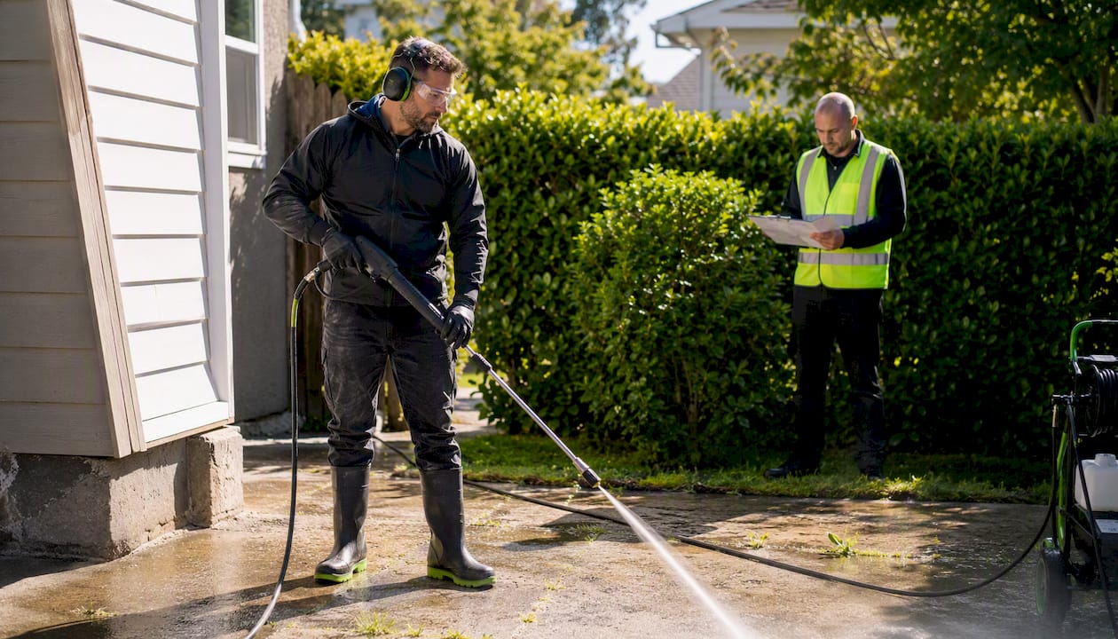 Pressure washing operator using wand with supervisor
