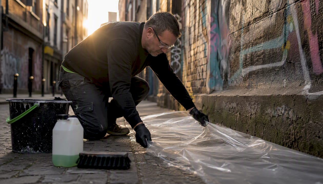 Person preparing for graffiti removal outdoors