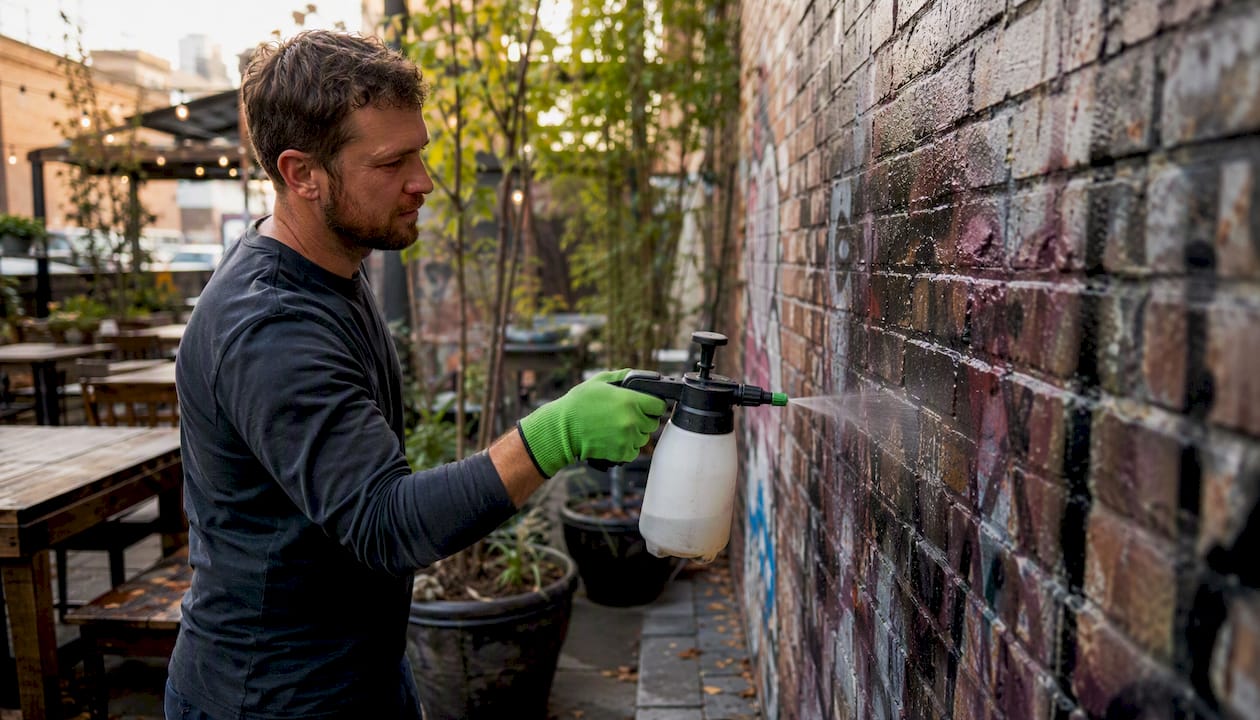 Pre-wetting brick wall before graffiti removal