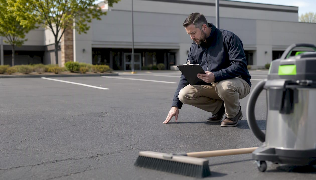 Property manager inspecting parking lot surface