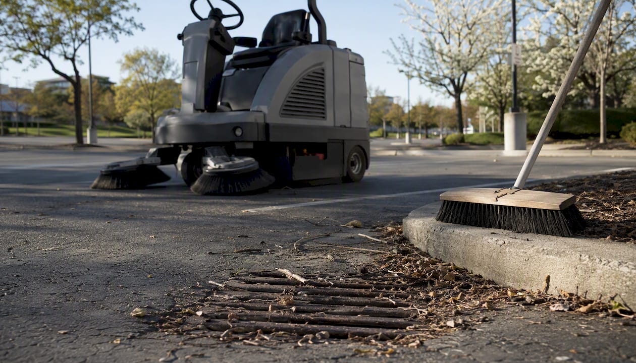 Sweeping equipment in parking lot during spring