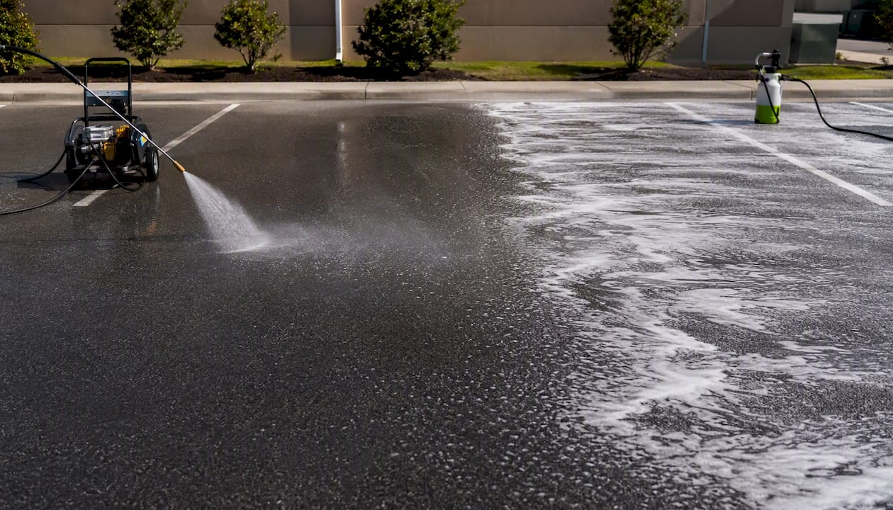 Pressure washing versus soft washing on parking lot