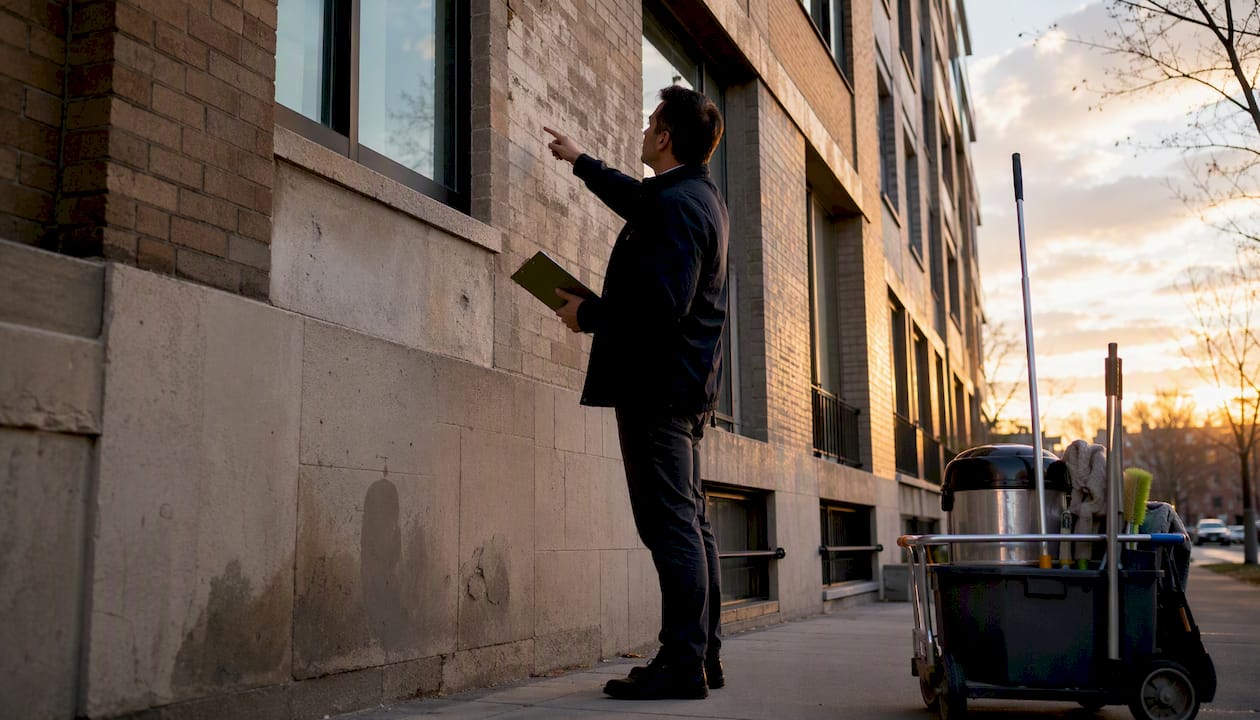 Property manager inspecting building facade