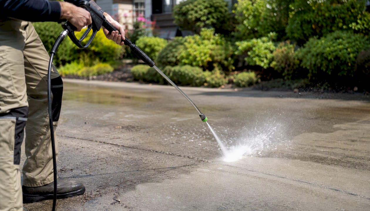 Pressure washer cleaning concrete driveway safely
