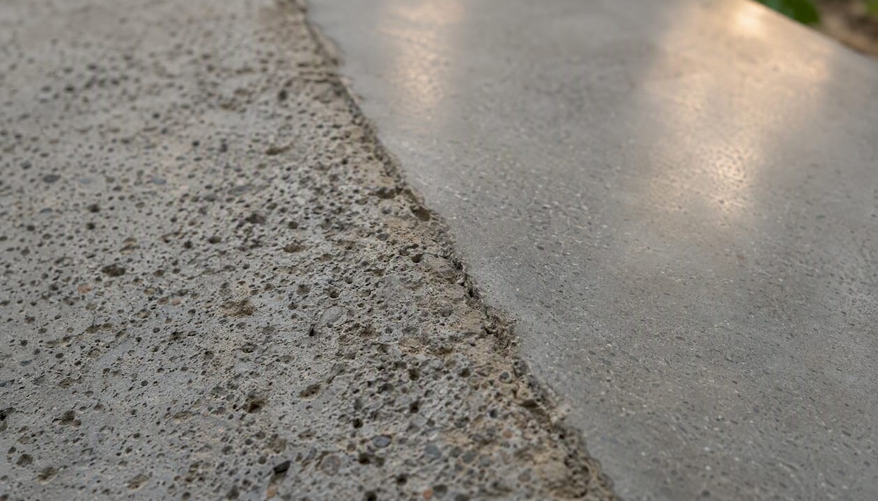Concrete surface showing smooth and damaged cream layer