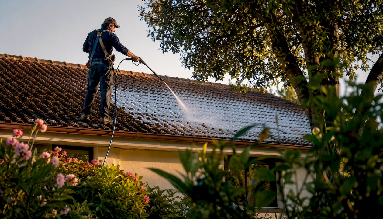 Soft washing clay tile roof with foam application