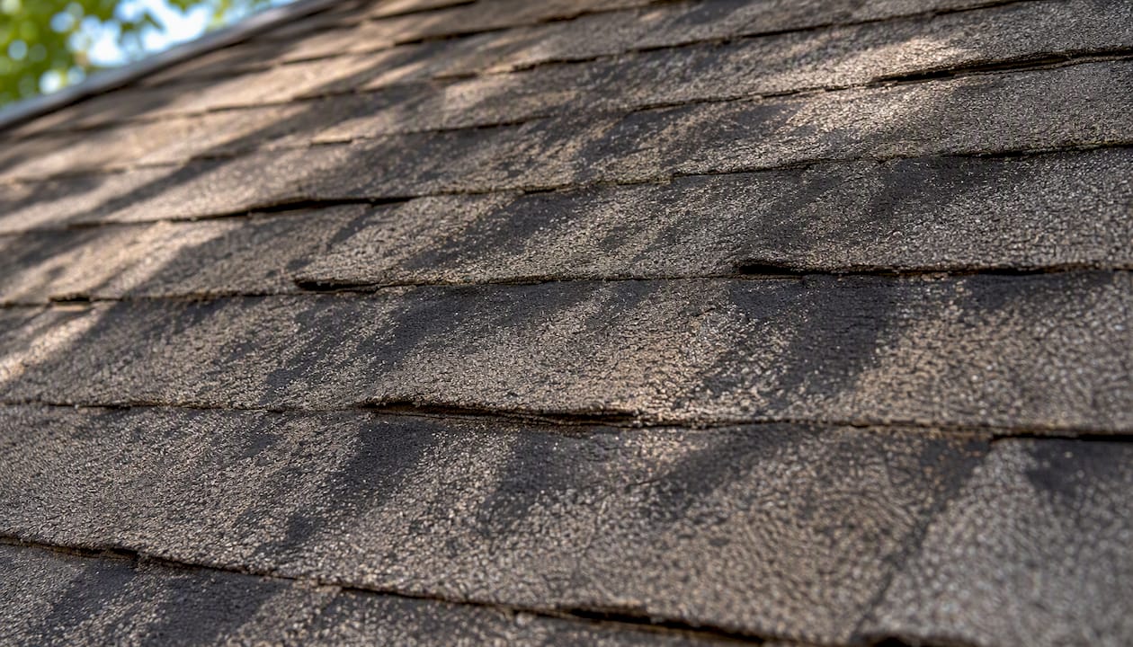 Close-up of black algae streaks on asphalt roof shingles