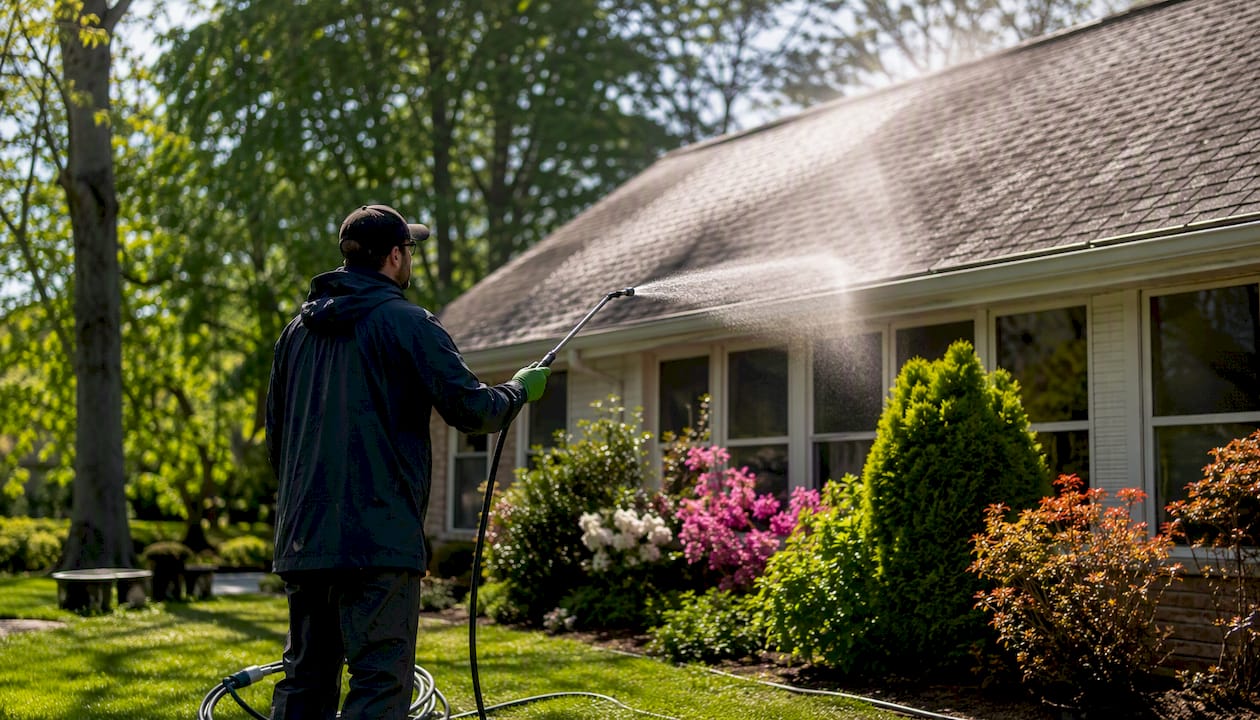 Soft washing solution applied on asphalt roof