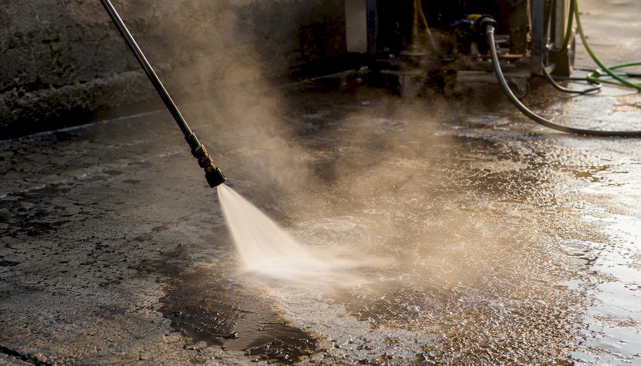 Hot water dissolving grease on metal surface