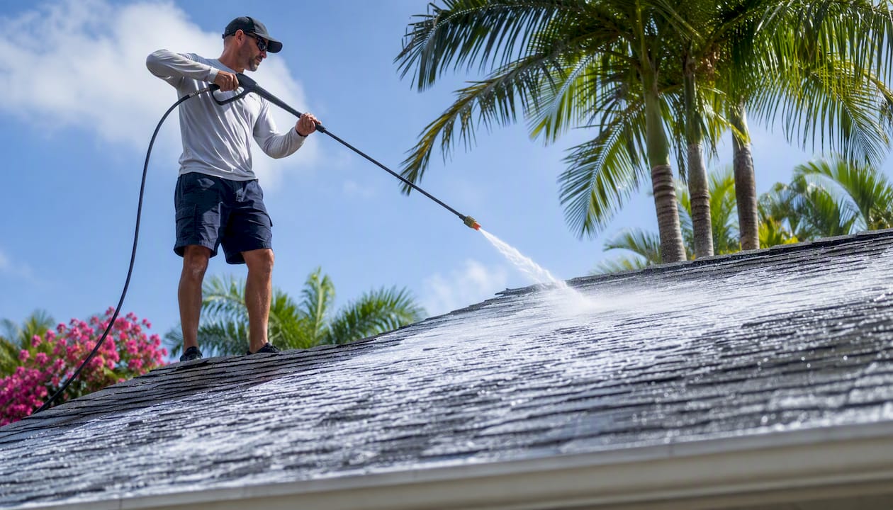 Soft washing foam applied to residential roof