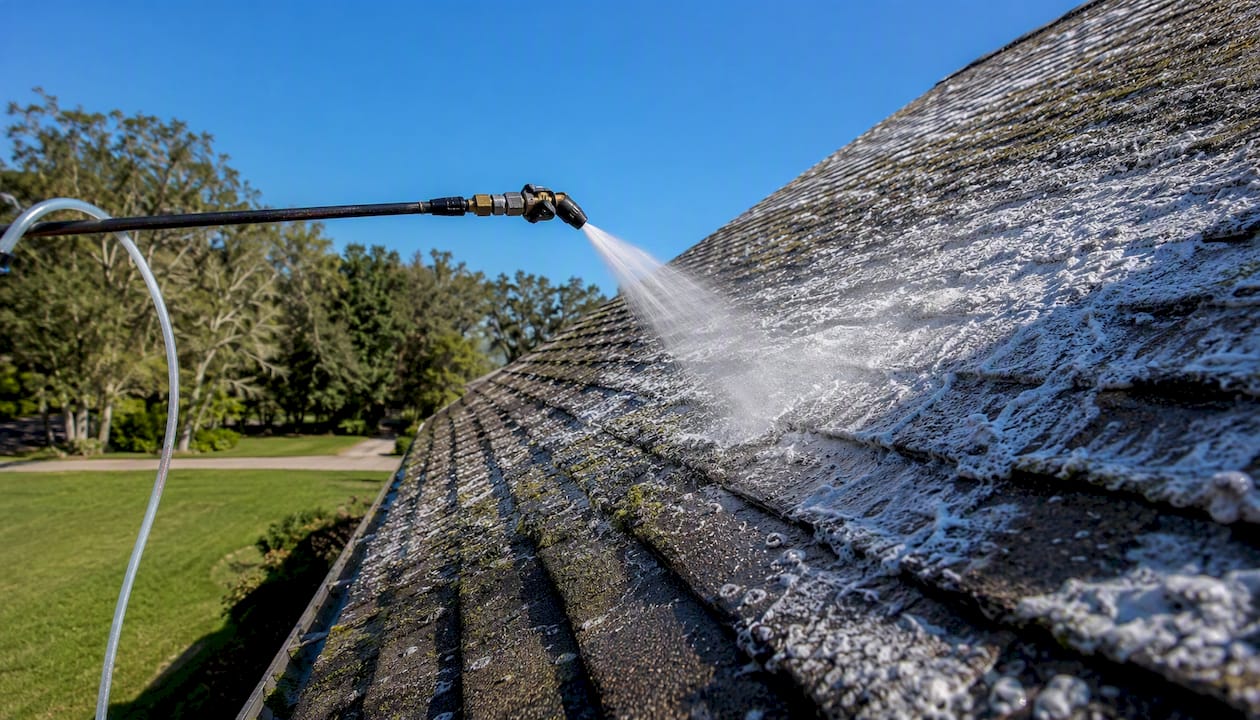 Soft washing foam on residential roof with moss