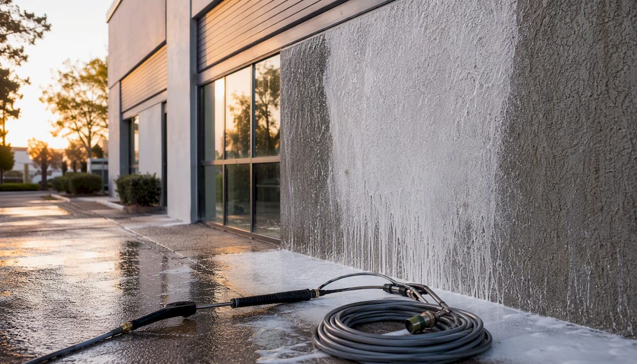 Soft wash foam applied to commercial building facade