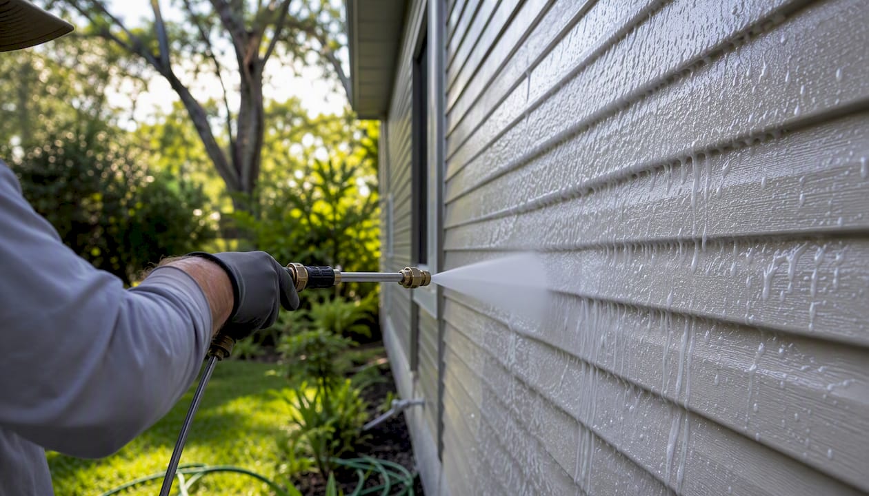 Soft washing foam applied to house exterior siding