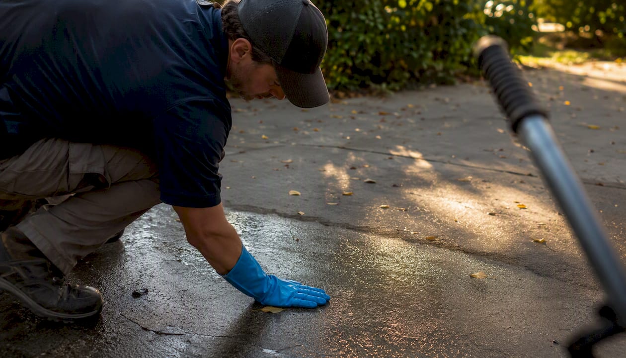 Technician checking dampness on driveway