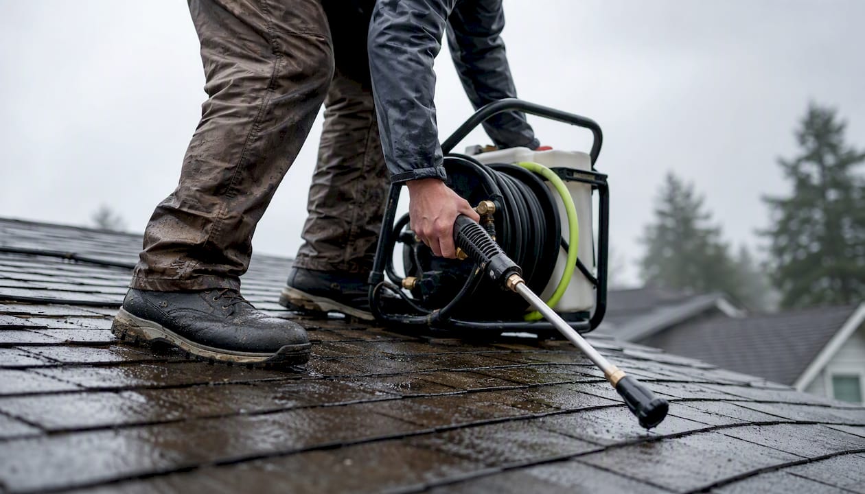 Wet roof surface with soft washing setup