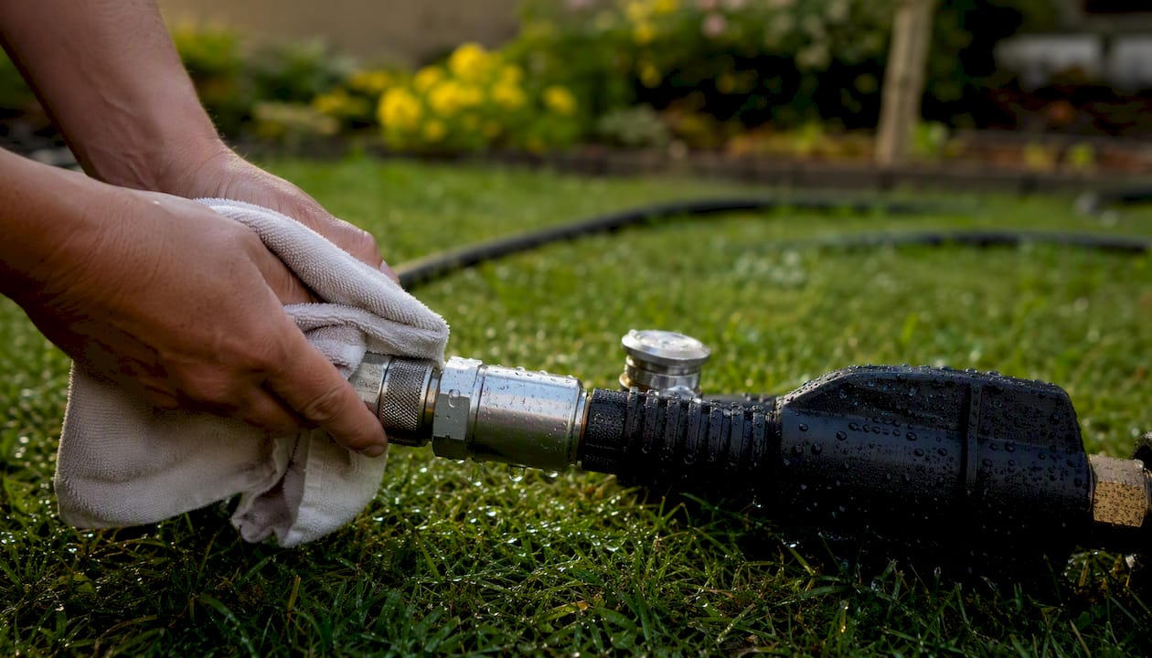 Hands drying pressure washer fittings