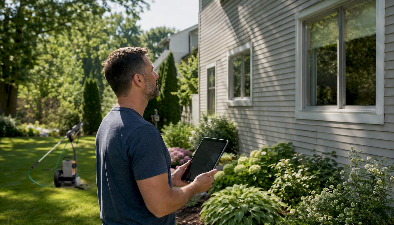 Homeowner inspecting home exterior with tablet