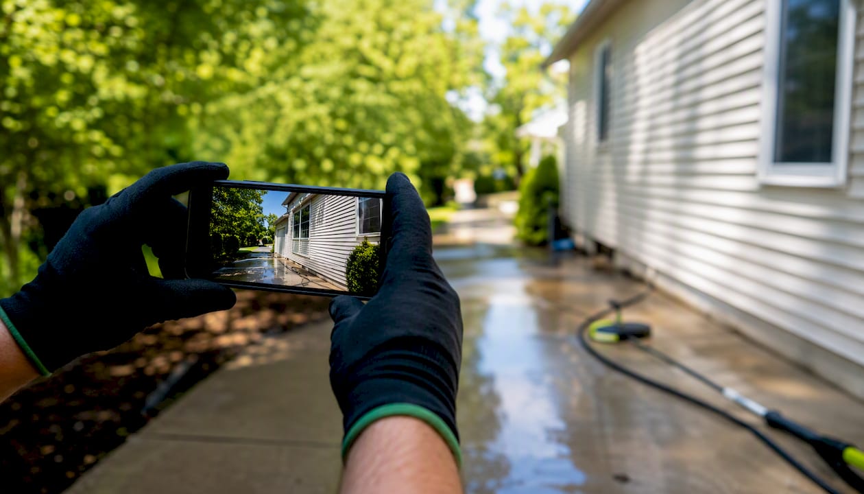 Hands photographing clean house exterior