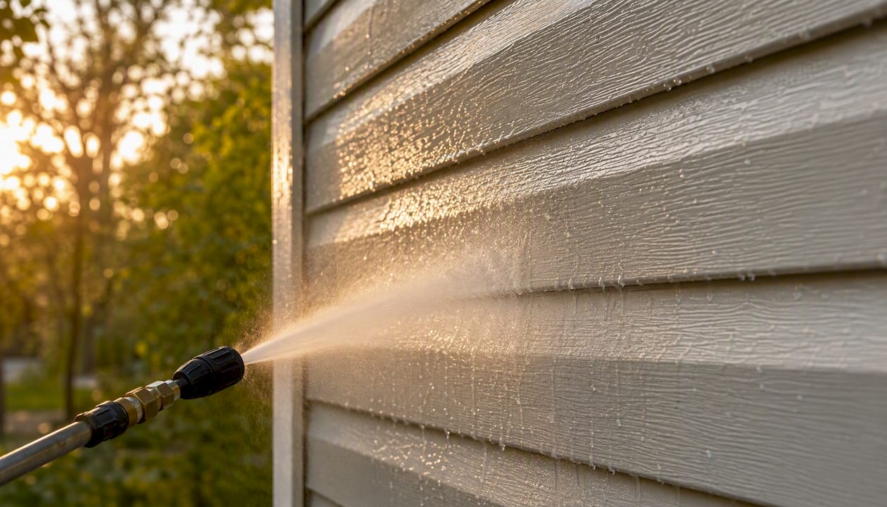 Soft wash low-pressure rinse on painted vinyl siding