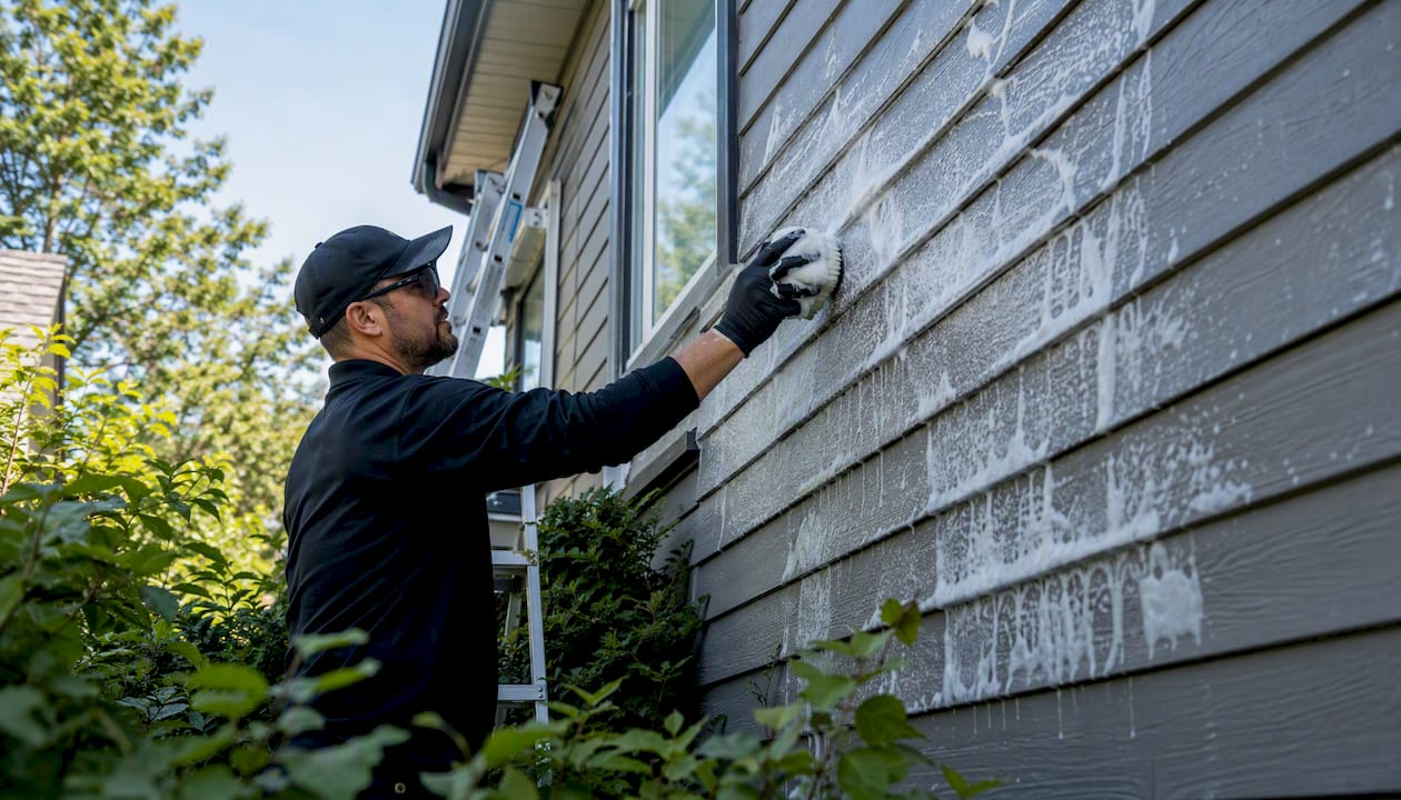 Technician soft washing painted siding foam application