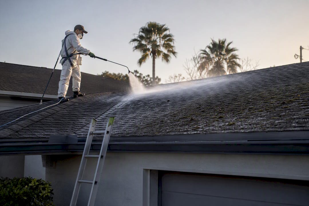 Technician applying soft wash to roof shingles