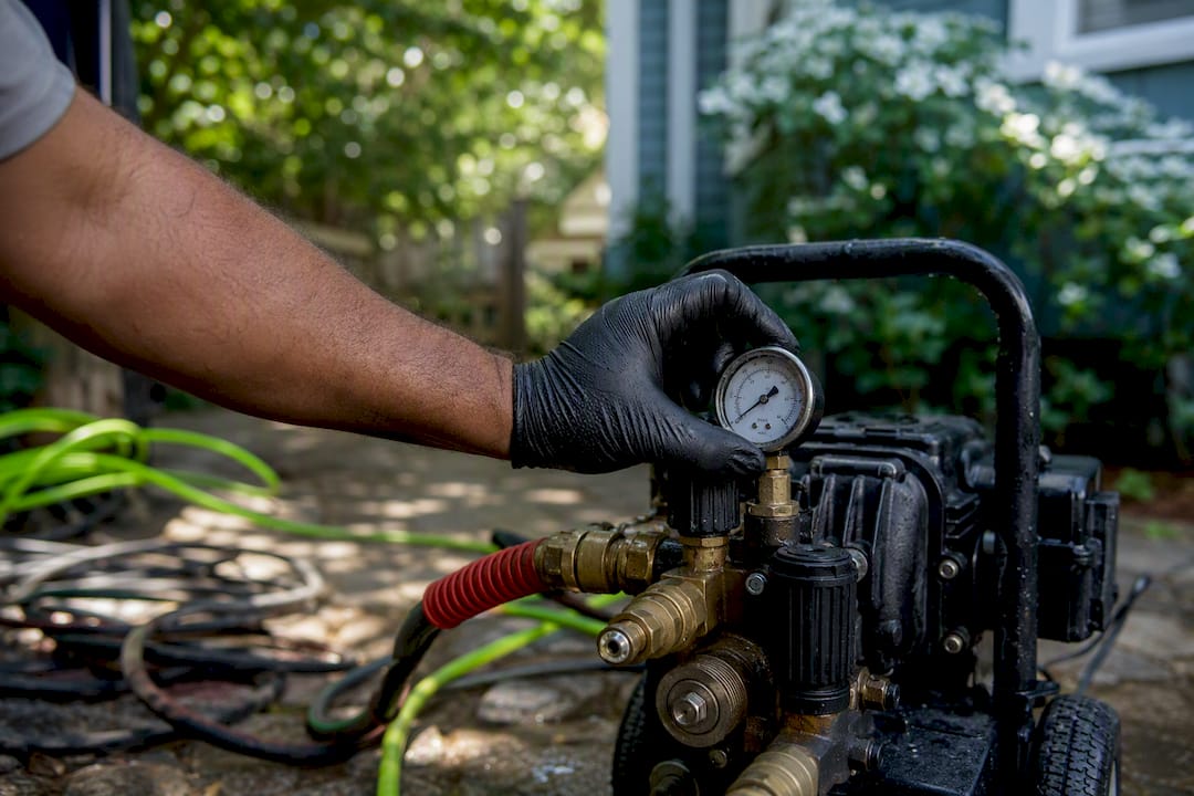 Hand adjusting pressure washer PSI gauge