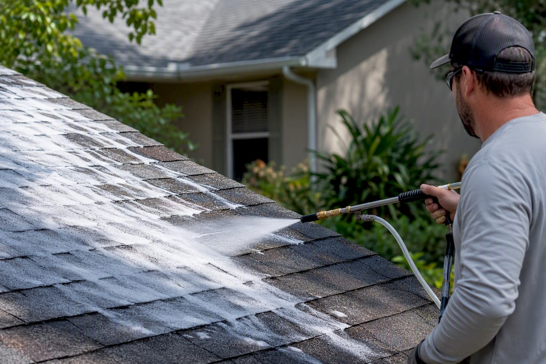 Soft wash foam being applied to roof shingles